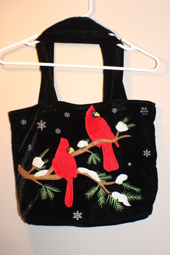 purse decree pinecone Bag red Black branch winter bird velvet Cardinal tree