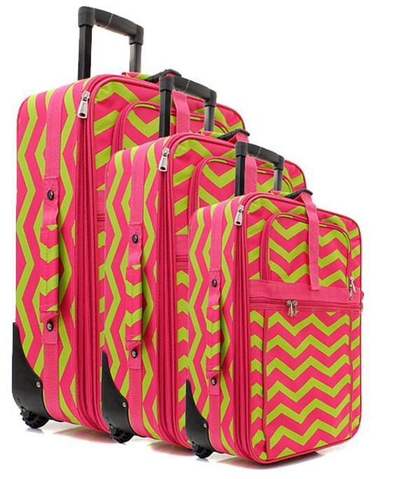 Items similar to 3 Piece Pink and Green Chevron Rolling Luggage Set on Etsy