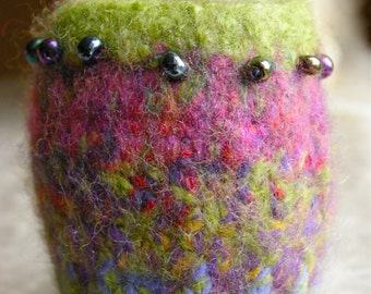Pink/Green/Purple/Blue Mottled Felted Beaded Bowl