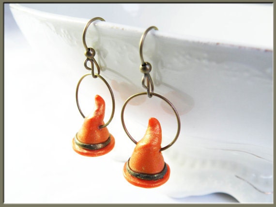 Orange Halloween witch hat earrings, anodized titanium ear wires, Halloween earrings