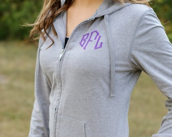 Monogram Zip Up Jacket | Monogram Hoodie | Full Zip Hoodie | Lightweight Jacket | Monogrammed Jacket | Gift for Her | Gifts under 30