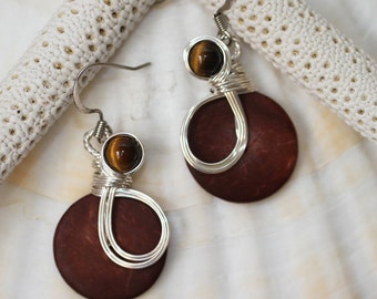 Brown Earrings, Tiger Eye Earrings, Tiger Eye Jewelry, Wire Wrapped Jewelry, Semi Precious Earrings, Earthy Colors, Wirework Earrings