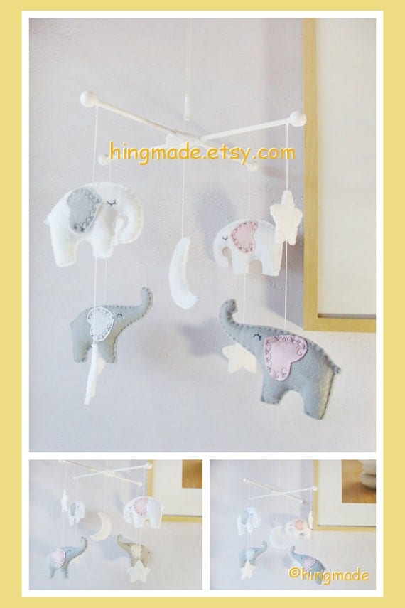 Elephant Mobile Baby Crib Mobile Gray White and Pink by hingmade