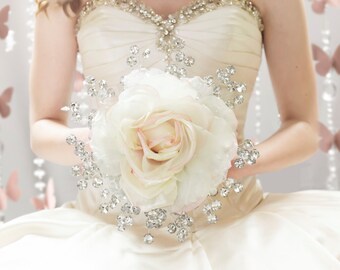 Bridal Bouquet - Large Silk Rose Bridal Bouquet w/ Silver Beads - Glamelia Compostite Wedding Bouquet - Fabulous Brooch Bouquet Alternative