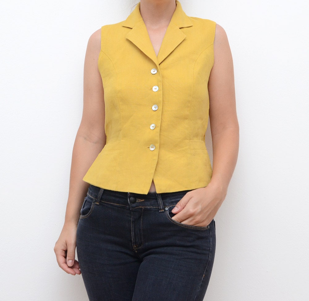 Vintage mustard yellow women 90s linen vest / small