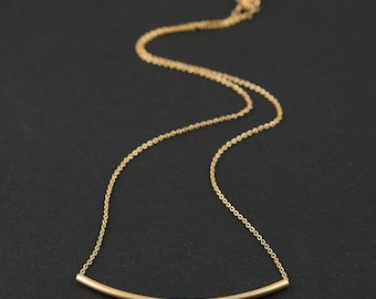 Dainty Necklace, Curved Gold Bar and Fine Chain, Simple Contemporary Minimalist Jewellery