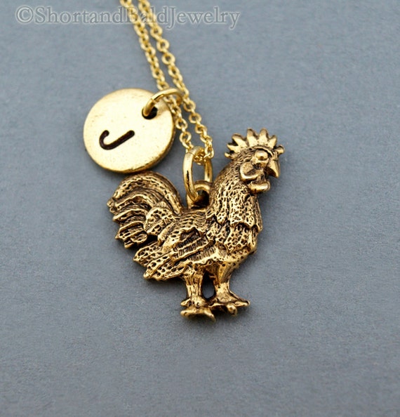 Rooster necklace Rooster charm antique gold initial