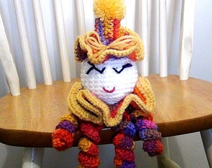 Crochet Spiral Doll - Colorful Clown - Clown Doll - spiralling arms and legs - purple, orange, yellow, red