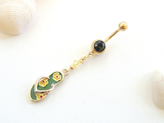 Green Gold Flip Flop Belly Button Ring, Navel Piercing, 14g Curved ...