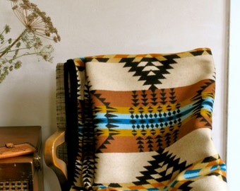 Wool Throw Blanket Large Size in Gold Black Turquoise Ranch Arroyo Native inspired Design