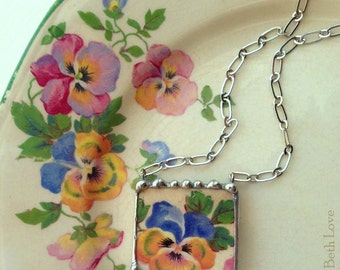 Broken china jewelry necklace antique blue yellow pansy chintz china
