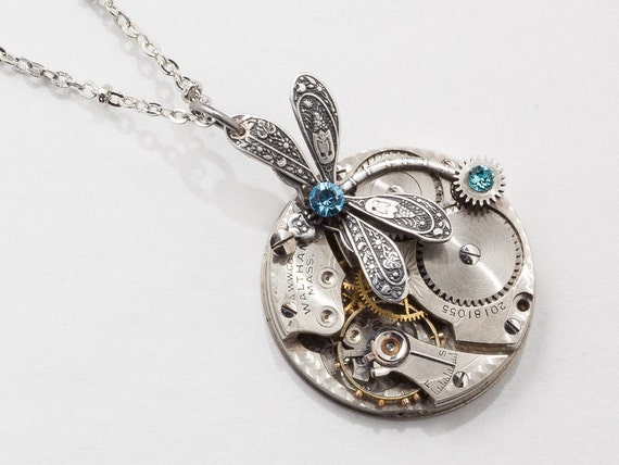 Steampunk Necklace Vintage Waltham pocket watch movement gears aquamarine blue crystal & silver dragonfly pendant necklace Statement Gift by steampunknation steampunk buy now online