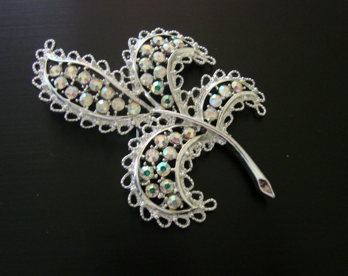 Emmons Rhinestone Lace Filigree Brooch / Designer Signed / Aurora Borealis / Bridal Wedding / Jewelry / Jewellery