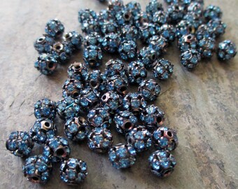 6 mm blue rhinestone bead balls oxidized silver vintage style prong set small, lot of 10 pcs