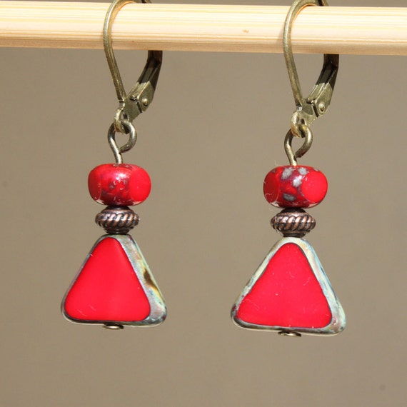Red Earrings Czech Glass Earrings Dangle Earrings Jewelry