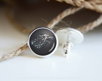 House Stark earrings, silver plated stud posts or leverback dangles, game of thrones jewelry