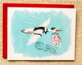 New Baby card, Baby shower card, Baby on the way, stork carrying baby card, baby greeting card, congratulations on baby