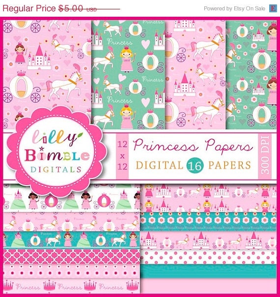 50% off Princess digital scrapbook papers with castle, kingdom, horse carriage, cute patterned papers for birthday parties Digital Download Il_570xn