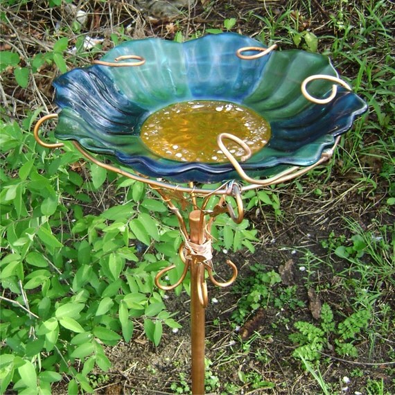 Fused Glass Bird Feeder Bath Big