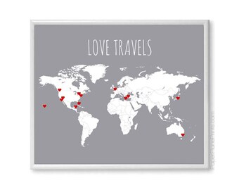 World Travel Map - DIY Kit Includes Red Heart Stickers, Traveler Gift Wall Map Poster, Grey 11x14 Print Blank World Map With Countries