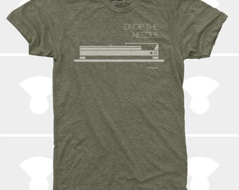 Men's TShirt Drop the Needle (Men), Dieter Rams, Turntable, DJ, Music T-Shirt, Green, Mid Century, Men's Shirt (4 Colors) for Men