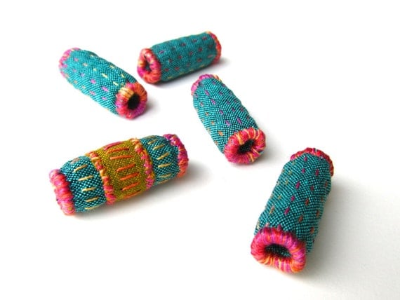 Fabric Beads - Handmade Quilted Fiber Beads - Blue Green and Pink - Textile and Fiber Art Jewelry Supplies - Set of Five