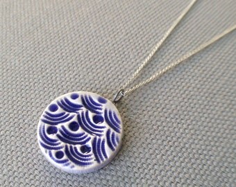 stormy seas necklace, blueberry and periwinkle ... handmade porcelain jewelry by Sofia Masri