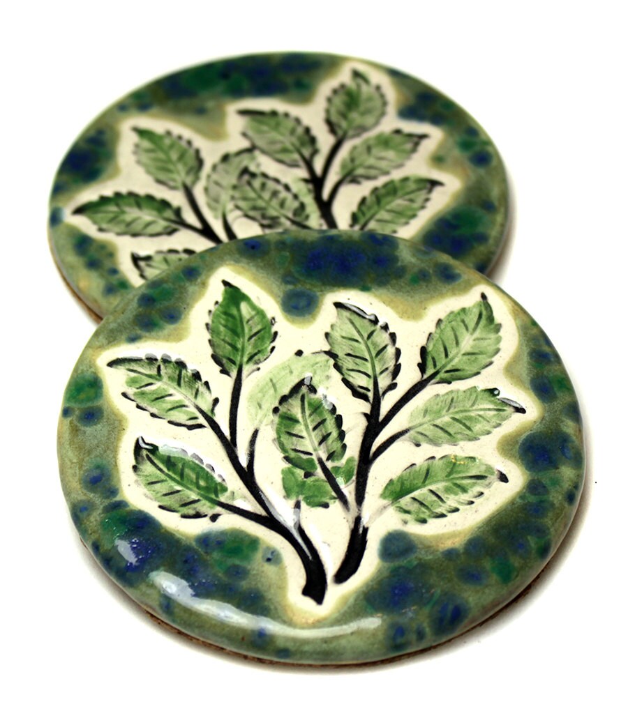 Leaf Branches Ceramic Coaster Set with TWO Coasters in by surly