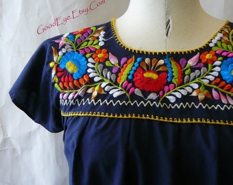 Vintage Blouse EMBROIDERED MEXICAN Smock Top small 4 6 8 Navy Blue ...