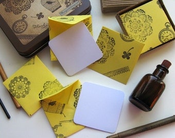 Yellow Envelopes Skeleton Stamps Mini Stationery Set, Blank Note Cards, Thank You, Square, Small, Cute Gifts Tags Lace Keys Clocks, Under 15