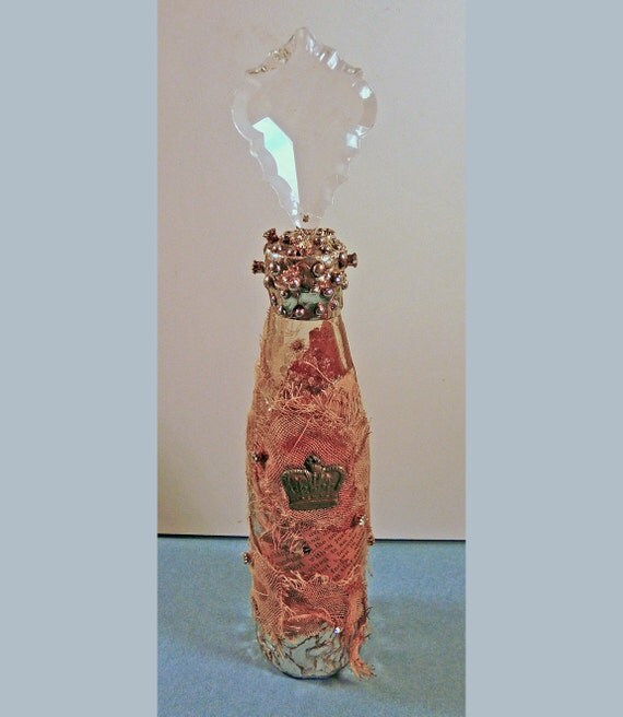 Altered Art Bottle with Crystal Topper and Tea Stained
