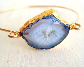 SUMMER SALE Blue Druzy Agate Geode gemstone Bangle 24K gold Gift for her Pale Blue Under 75 Vitrine Beach Seaside