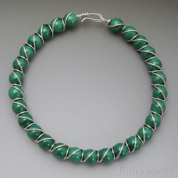 Malachite Beaded Sterling Silver Wire Wrapped Bracelet