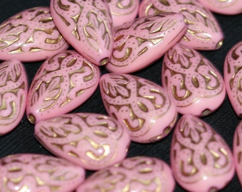 10 pcs of vintage Acrylic teardrop beads 18x11mm Pink with gold accent