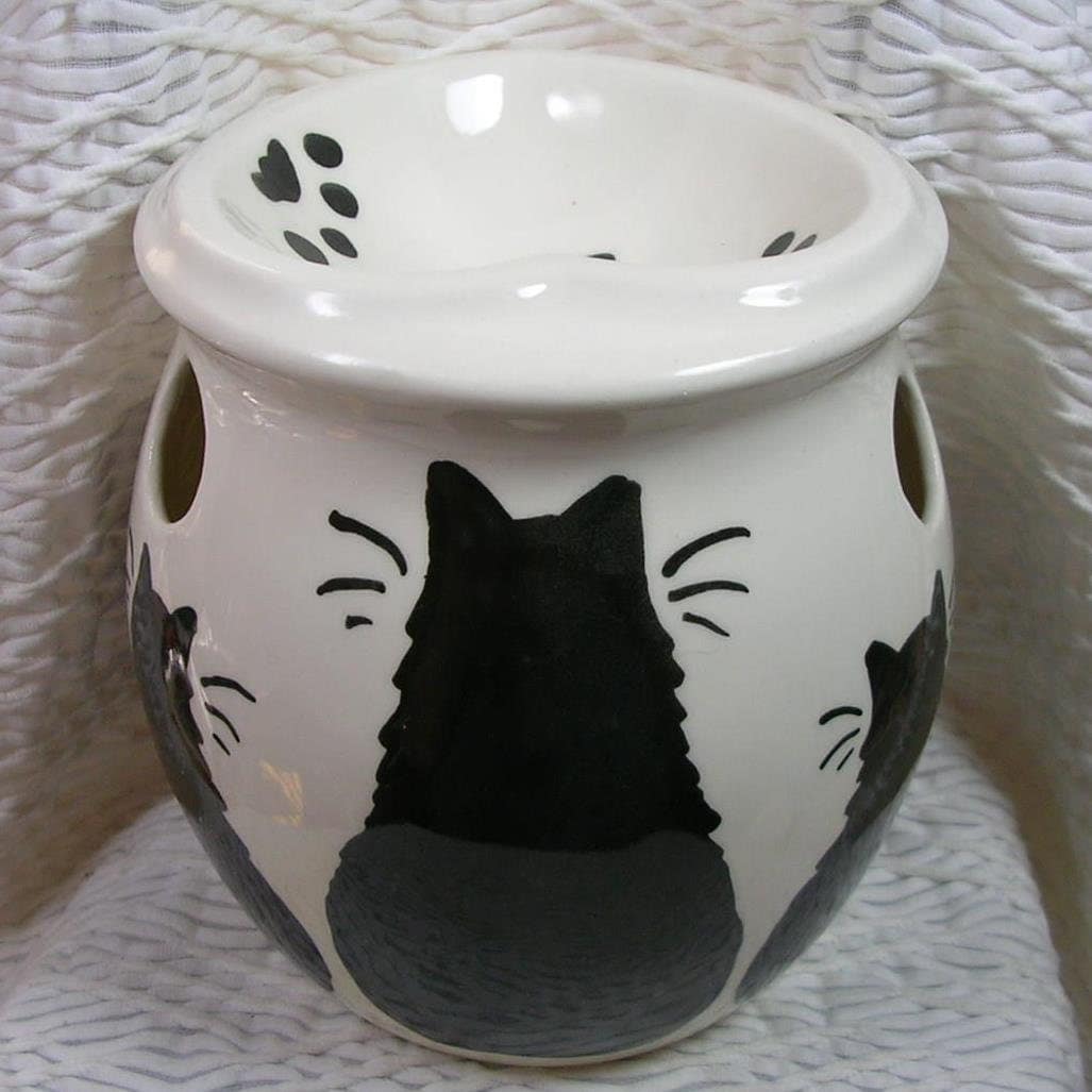Black Cats Scent or Fragrance Warmer Pot Handmade Slip Cast
