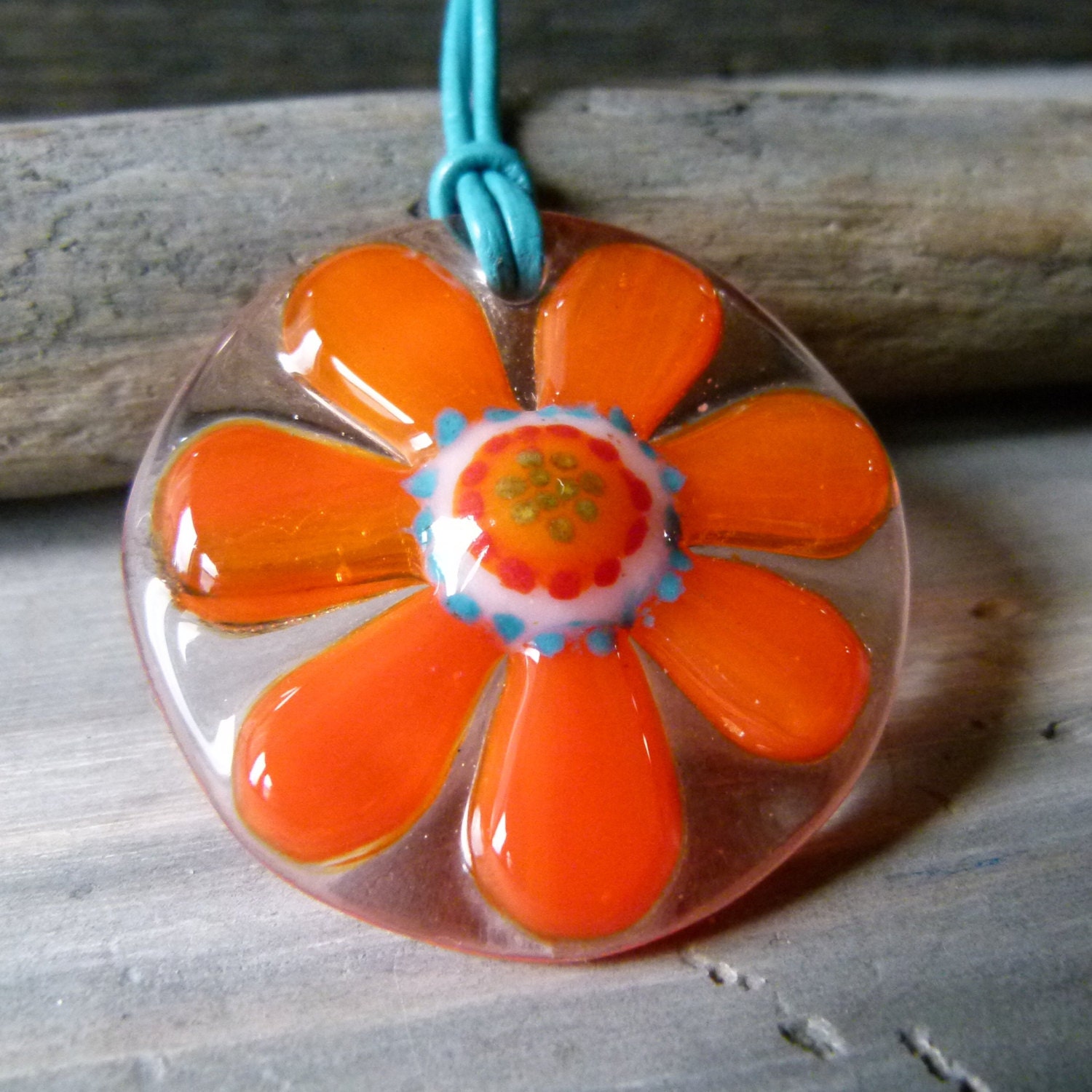 Orange daisy necklace fused glass pendent