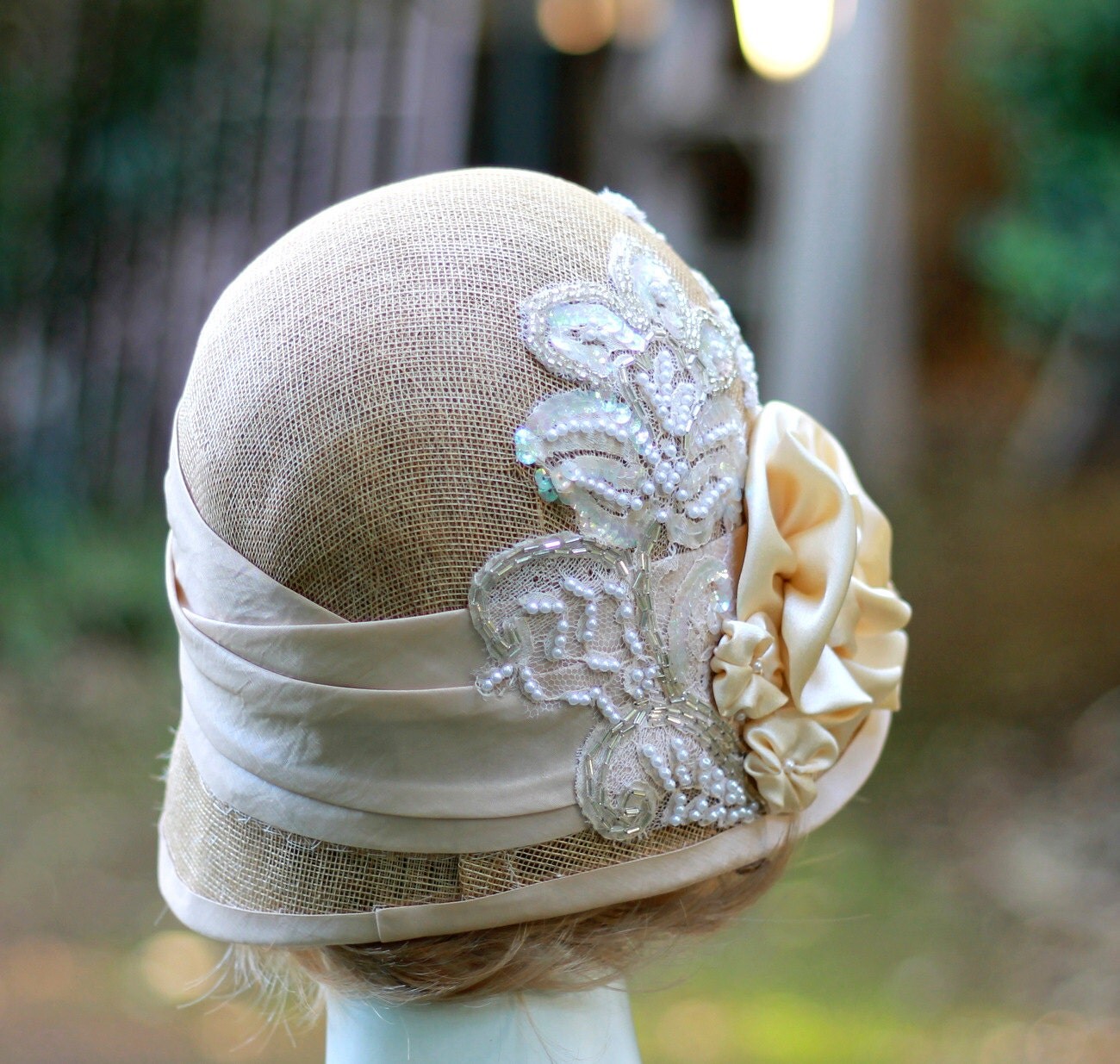 1920's Great Gatsby Vintage Style Wedding Hat Lace Pearls