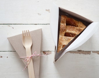 DELUXE Two-Piece Lidded Pie Slice Boxes in Kraft with Forks, Parchment + Classic Baker's Twine