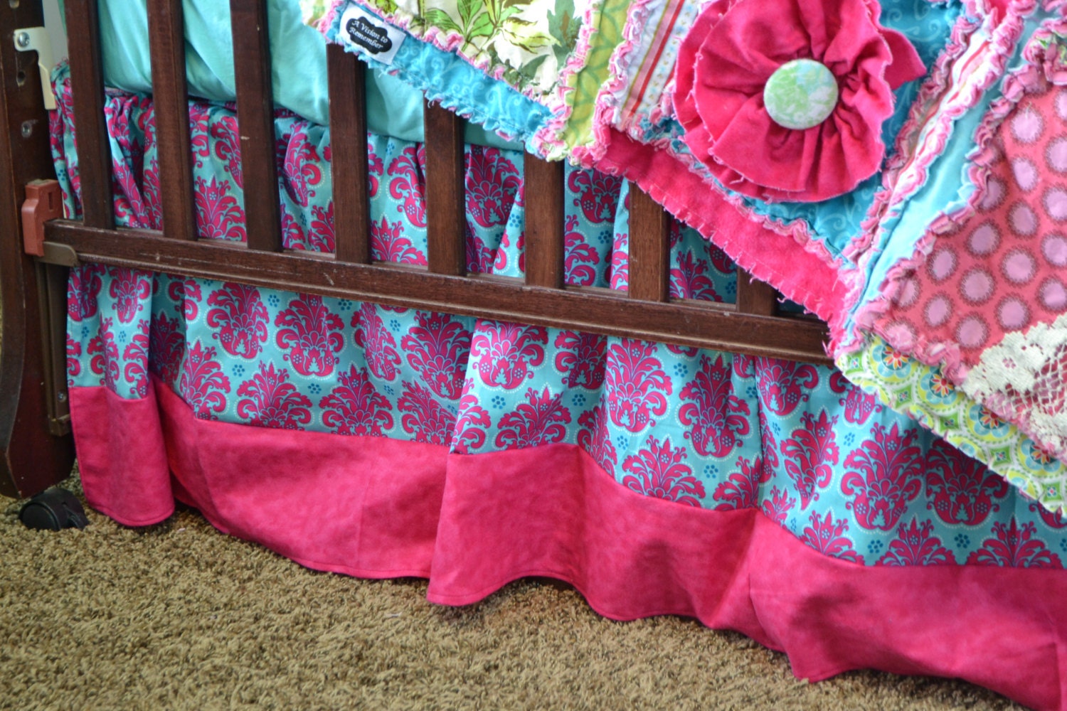 Hot Pink Crib Skirt Aqua Damask Dust Ruffle by avisiontoremember