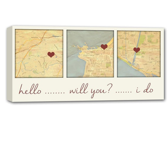 Personalized Gift 3 map canvas art using Three Location