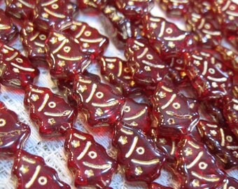 10 Ruby Red Czech Pressed Glass Christmas Holiday Tree Beads with Gold Inlay 12x17mm