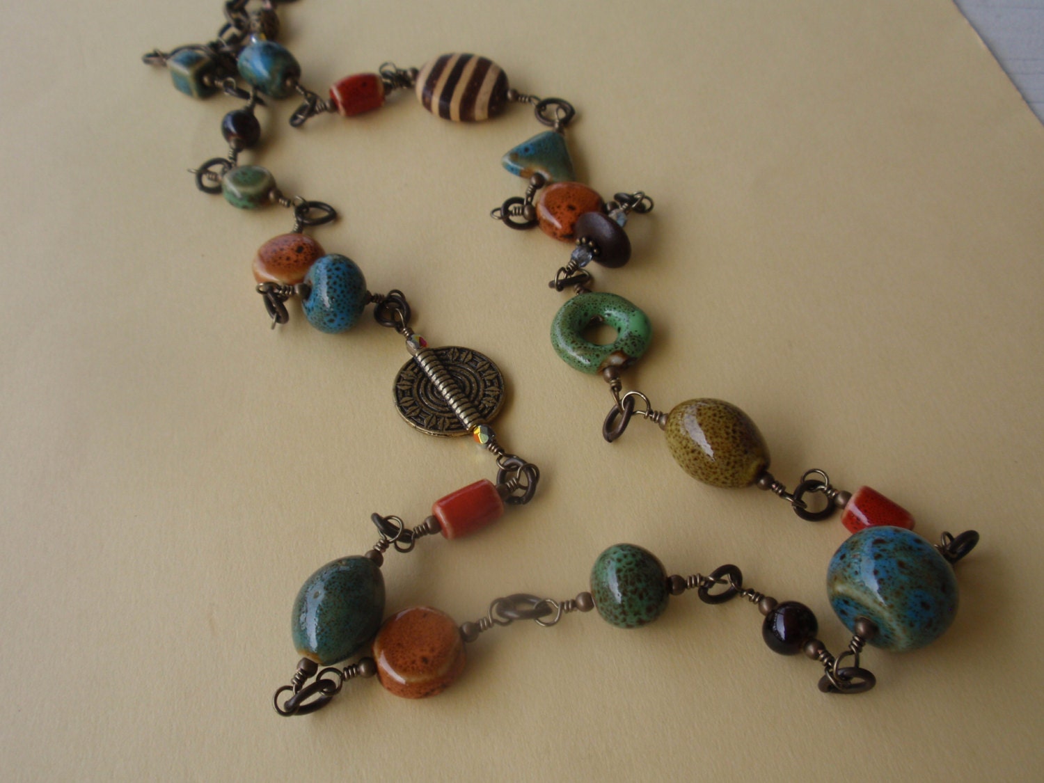 Long Antique Brass Mixed Ceramic Bead Necklace by kimc03 on Etsy