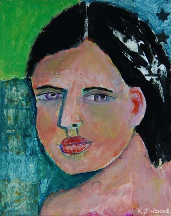 Acrylic Portrait Painting, Collage, No Looking Back, Nude, Woman, Blue, Green, 8x10 canvas panel
