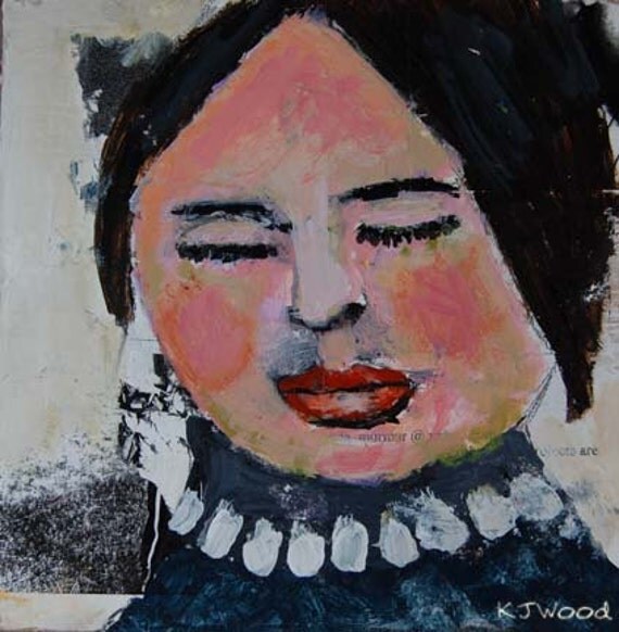 Acrylic Portrait Painting, Her Best Pearls, Woman, Closed Eyes, Black Hair, Slate Blue, 6x6 canvas panel