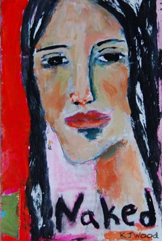 Acrylic portrait painting, 4x6, Girl, Black Hair, Naked, Orange, Original, Watercolor Paper