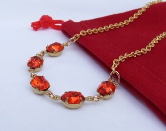 Tangerine Orange Swarovski Necklace, Hyacinth jewels 16" gold chain