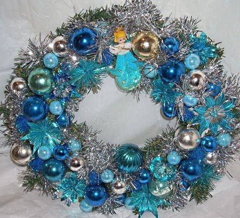 New & Vintage Shiny Brite Wreath, Sweet Cool Blues, Japan Tinsel Stars,Angel