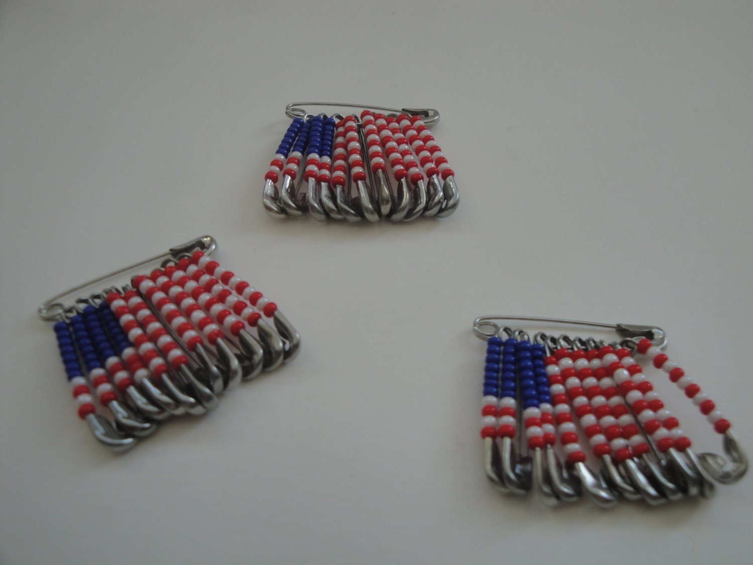 Red White Blue Beaded American Flag Safety Pin Brooch by gulum