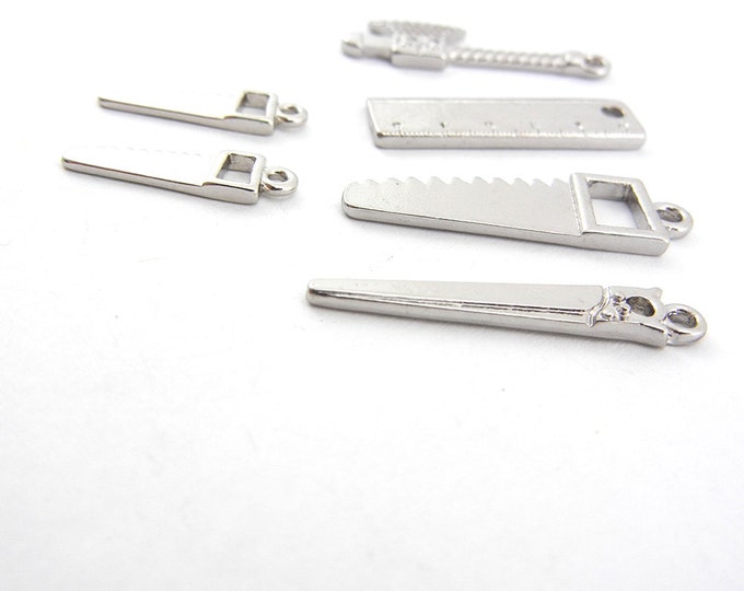 Set of Tool Charms, Saws, Axe, Ruler Silver-tone