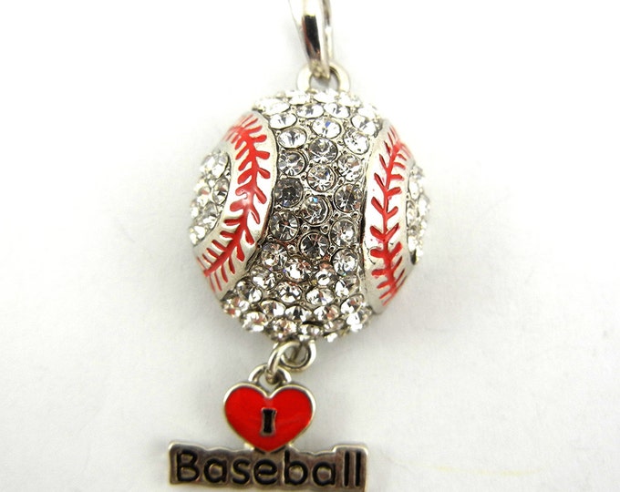 Rhinestone Encrusted I Love Baseball Pendant